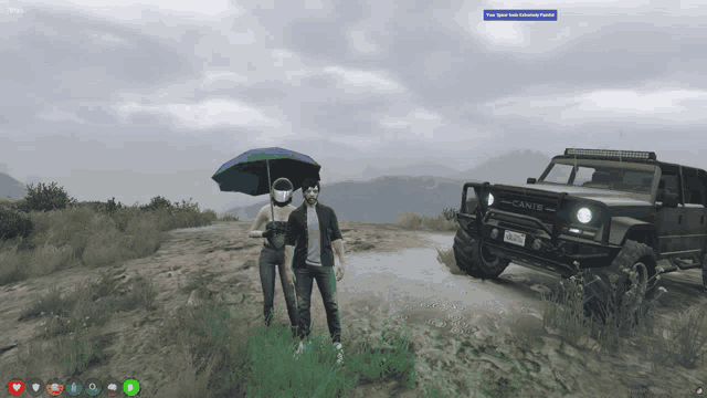 a man and a woman standing in front of a canis jeep