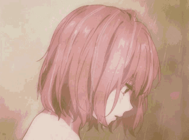 a girl with short pink hair is standing in the rain