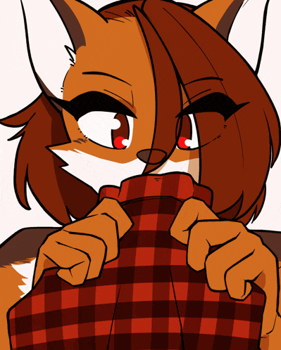 a cartoon drawing of a fox wearing a red plaid shirt