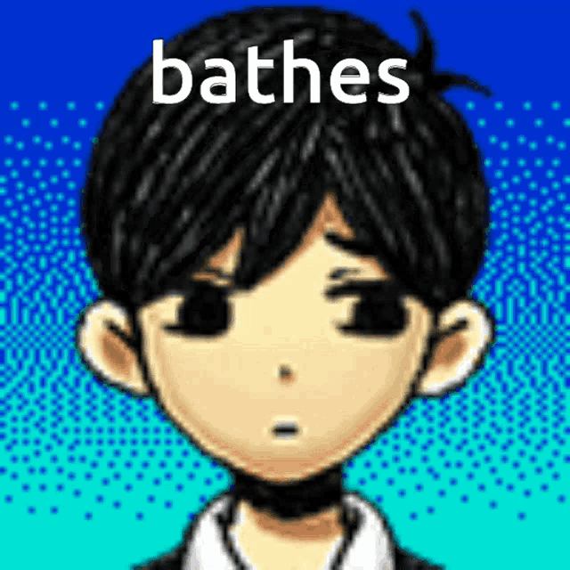 a pixel art drawing of a boy with the words bathes above his head