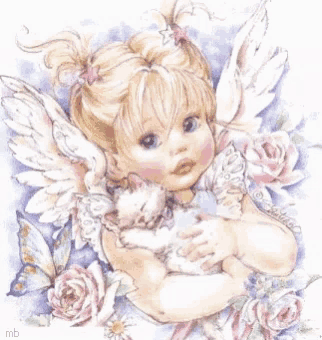 a little girl with angel wings is holding a white cat .