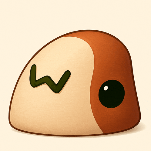a cartoon drawing of a brown and white object with a green w on its face