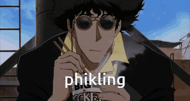 a cowboy bebop character is eating noodles with chopsticks and the word phikling is below him