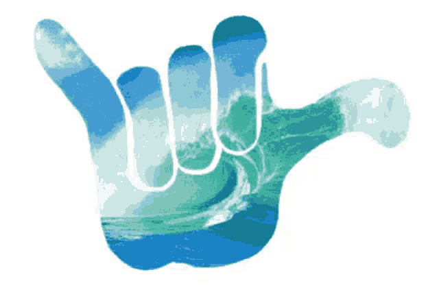 a hand with a wave in the background is making a hang loose sign