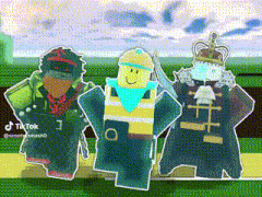 a group of three roblox characters are standing next to each other on a green field .