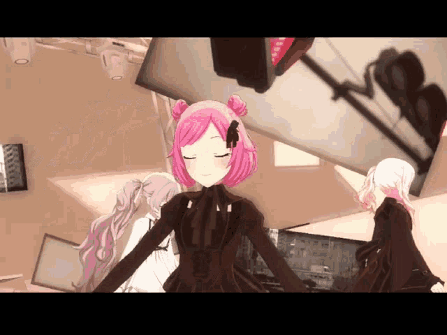 a girl with pink hair is standing in a room