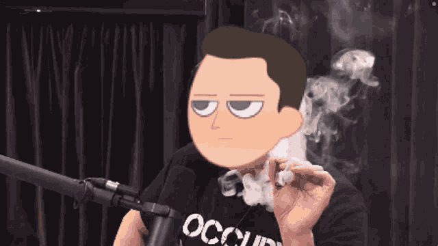 a man wearing a shirt that says occupy is smoking a cigarette