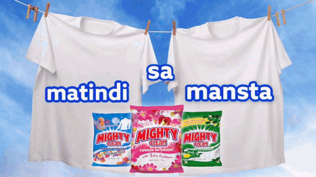 three bags of mighty clean laundry detergent hang on a clothes line