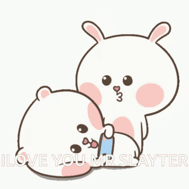 a cartoon rabbit is hugging another rabbit with the words i love you mr. slayer written below it