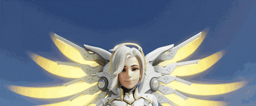 a white angel with yellow wings is smiling