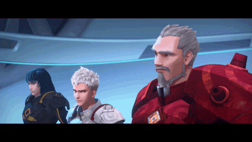 three cartoon characters are standing next to each other with one wearing a red suit