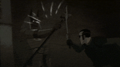 a cartoon drawing of a mummy with glowing eyes holding a cane