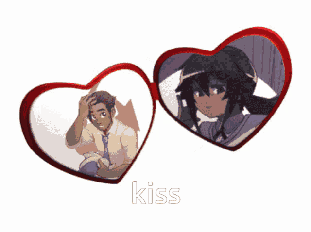 a man and a woman are in a heart shaped mirror and the word kiss is below them