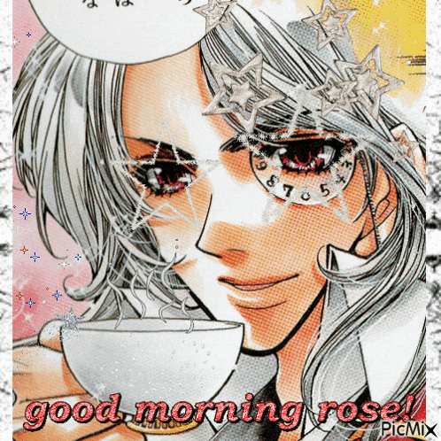 a cartoon of a woman holding a cup of coffee and the words good morning rosel