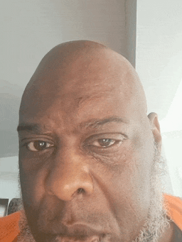 a man with a bald head and a beard looks at the camera