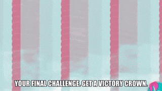 a bunch of cartoon characters are standing next to each other with the words `` your final challenge get a victory crown ''