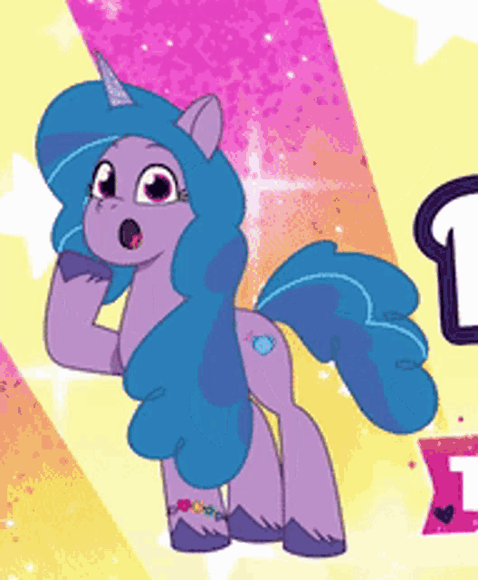 a purple pony with a blue mane and tail is standing in front of a pink and yellow background