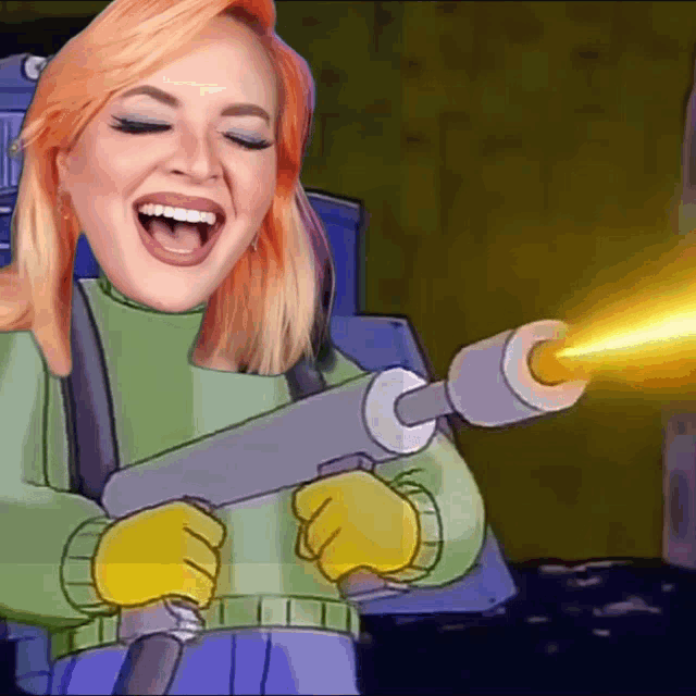 a cartoon of a woman laughing while holding a gun