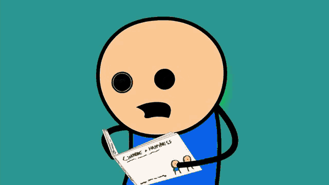 a cartoon character reads a book called chronic happiness