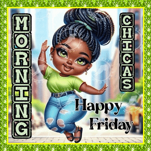 a happy friday card with a girl in a green shirt and jeans