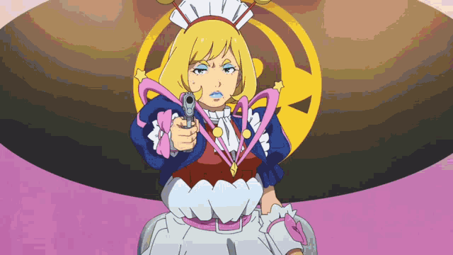 a cartoon character is holding a gun in her right hand
