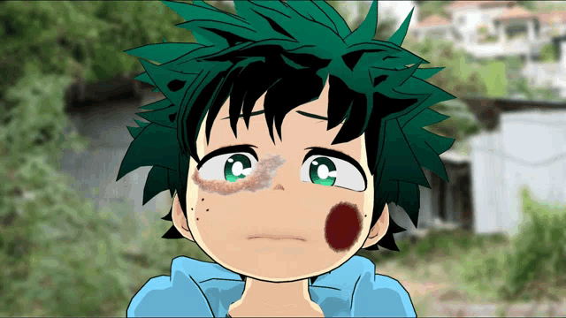 a cartoon character with green hair has a red spot on his cheek