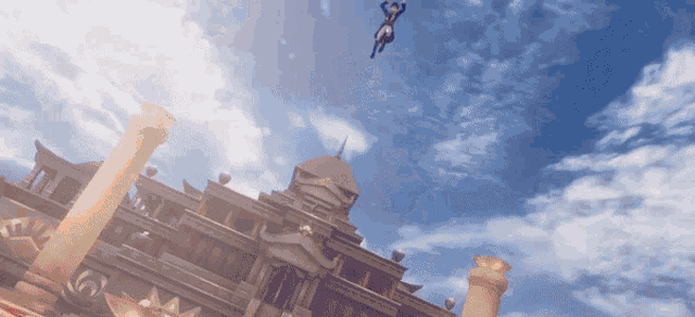 a person is flying through the air over a temple