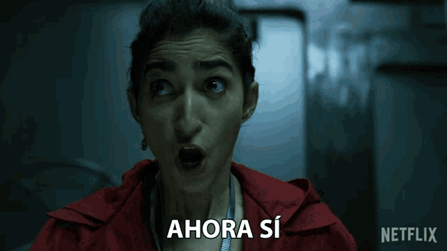a woman in a red jacket is screaming with a netflix logo in the corner