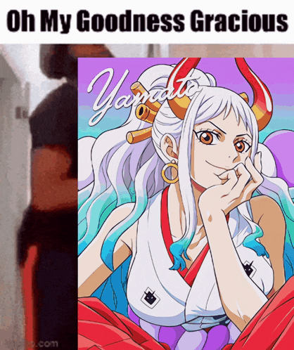 a cartoon of a girl with horns and the words oh my goodness gracious