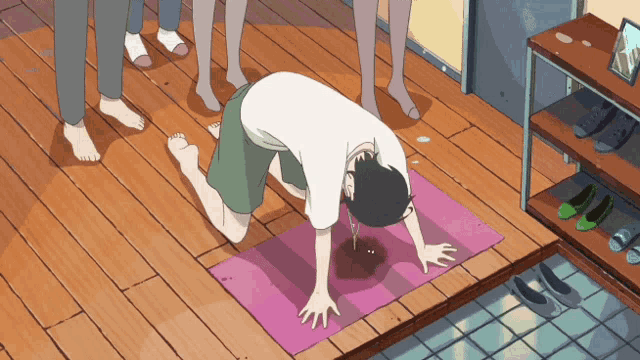 a cartoon of a man kneeling on a yoga mat with his hands on the mat