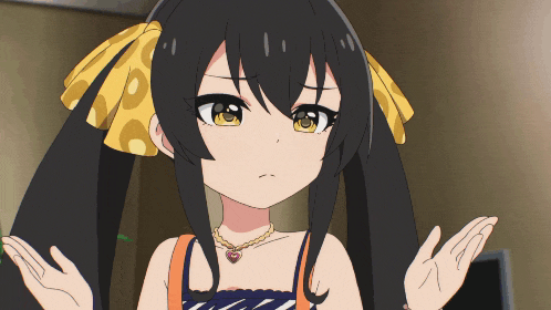 a girl with black hair and yellow ribbons on her hair