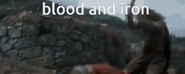 a blurred image of a person with the words blood and iron written above them