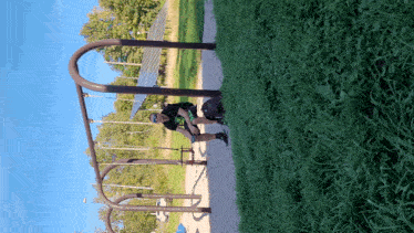 a person wearing a black shirt with a green circle on it is standing on a swing set