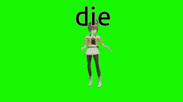a girl in a white dress is dancing on a green screen with the word die .