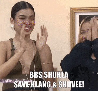 a woman clapping with the words bbs shukla save klang and shuvee