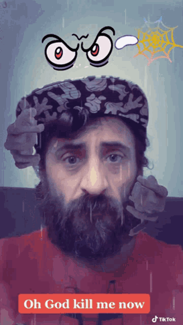 a man with a beard wearing a hat and a red shirt says " oh god kill me now "