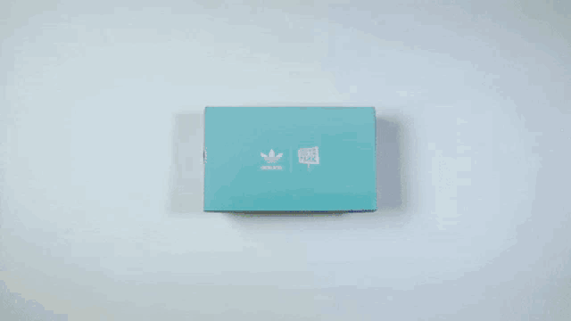 a blue box with the word adidas on it sits next to a pair of shoes