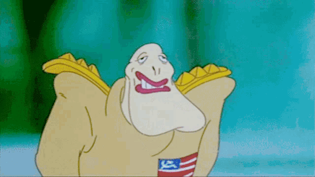 a cartoon character with a big nose and a flag on his chest