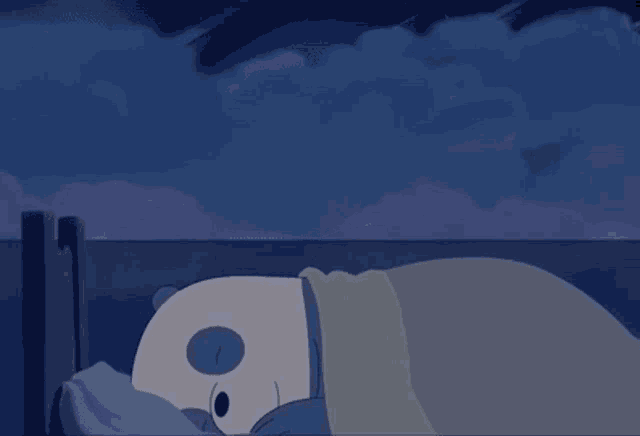 a cartoon panda bear is sleeping in a bed next to the ocean at night .