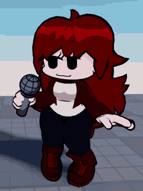 a cartoon girl with red hair is holding a microphone in her hand