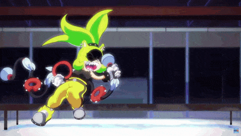 a cartoon character is holding a pair of rings in his hand