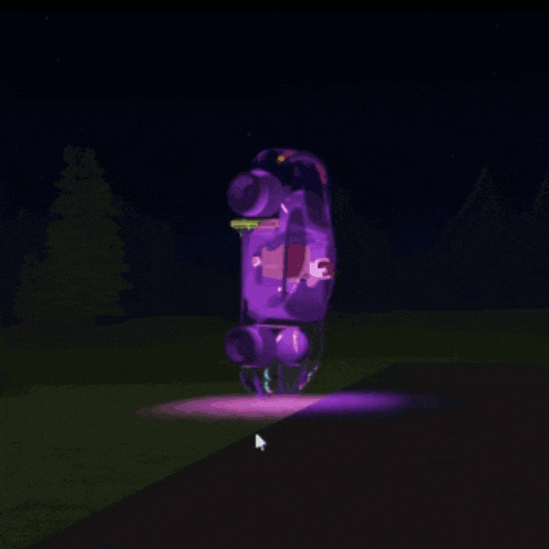 a purple car is floating in the air with a purple light coming out of it