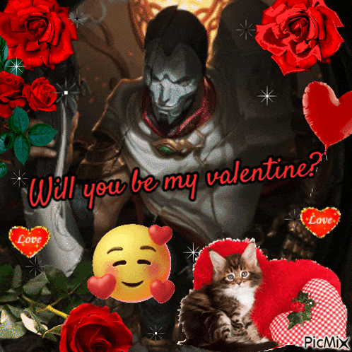 a picture of a man surrounded by red roses and hearts with the words " will you be my valentine "