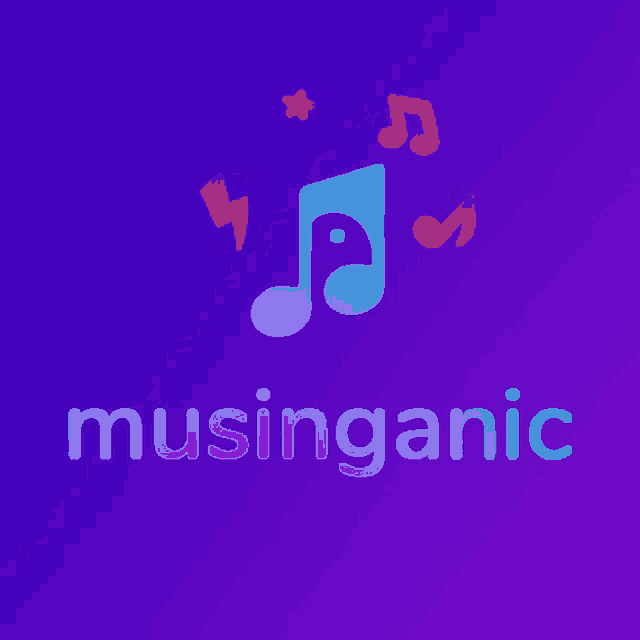 a purple background with a blue music note and the words musinganic