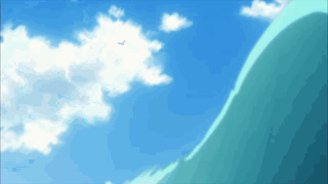 a blue sky with white clouds and a green hill
