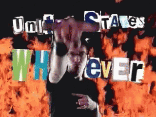 a man stands in front of a fire with the words united states wherever written on it