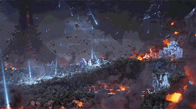 a large flock of birds are flying over a landscape
