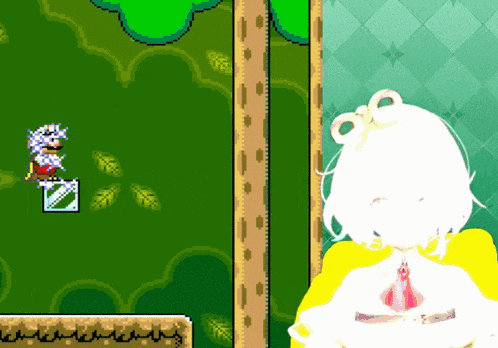a girl in a yellow dress stands in front of a video game character
