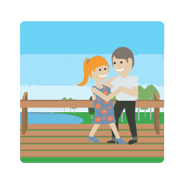 a man and a woman are dancing on a deck