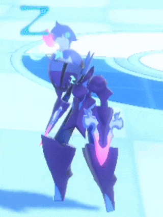 a purple robot is standing on a blue surface with the letter z behind it .